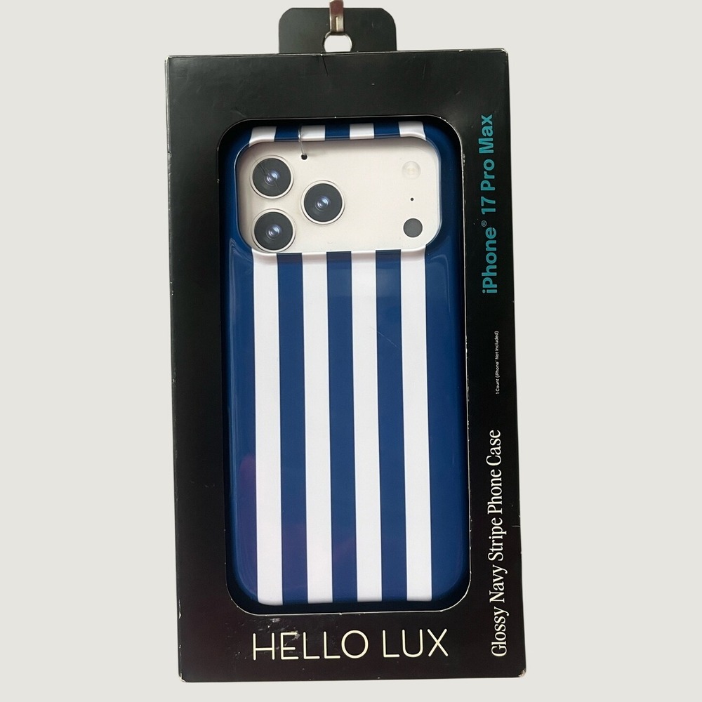Hello Lux iPhone 17 Pro Max Case Navy White Stripe Glossy Preppy Coastal New